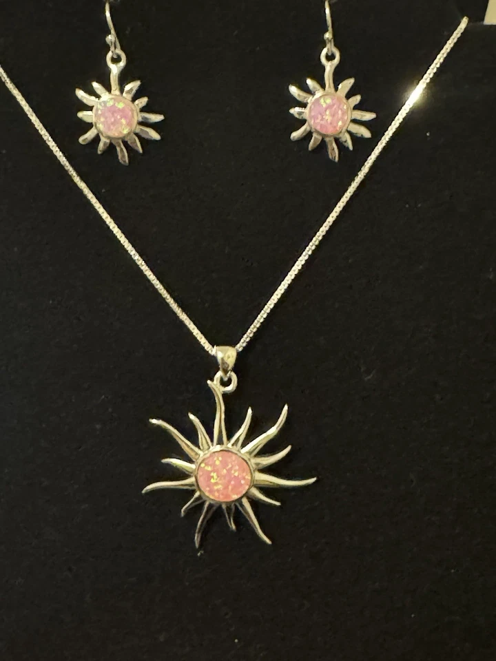 925 Sterling Silver Pink Opal Sun Necklace And Earrings - Image 1 of 1
