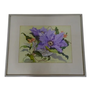 Acuarela Original Enmarcada Nancy Glassman Pintura Clematis Maine Flor Púrpura - Imagen 1 de 17