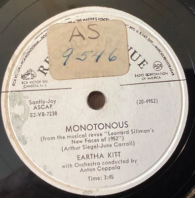 Eartha Kitt – 78 rpm RCA Vic 20-4952: Monotonous/ALICE GHOSTLEY: Boston Beguine - Image 1 of 4