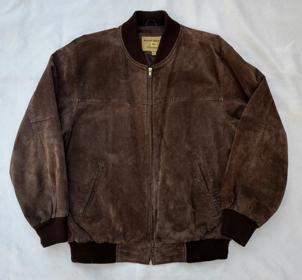 Boston Harbour 巧克力棕色麂皮绒皮革轰炸机夹克男式 L 2000s — 第 1/4 张图片