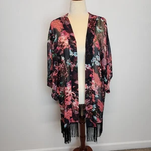 Damen Blumen Fransen Kimono Oberteil Einheitsgröße Mehrfarbig Kurzarm Boho Festival  - Bild 1 von 7