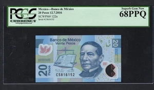 Mexico 20 Pesos 12-7-2016 P122n Uncirculated Graded 68 - Picture 1 of 2