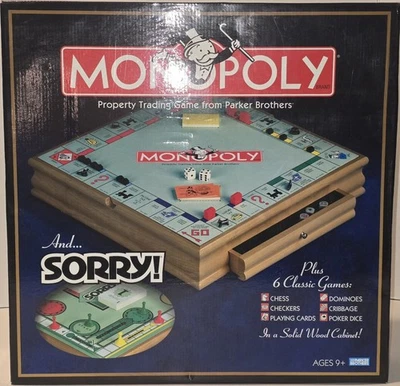 Monopoly Sorry Wood Cabinet 6 Classic New - Image 1 of 4