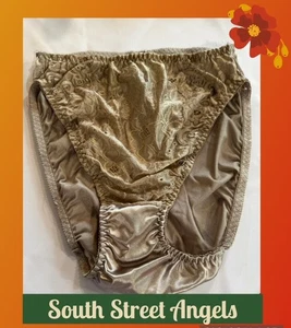 VINTAGE OLGA 20080 GOLD LACY TEXTURES SATIN BACK HI-CUT BRIEF PANTIES MEDIUM - Picture 1 of 11