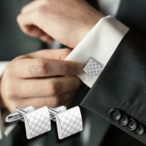 Mens Boys Stainless Steel Cufflinks Silver Polish Square Grid Pattern Cuff Links - Picture 1 of 11
