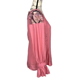 M2 Mocha Apparel Blouse L Pink Embroidered Lace Sequin Button Front Sheer Back - Picture 1 of 14