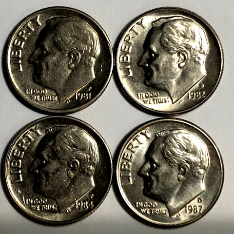 Lot of 4 1981-P, 1982-D, 1984-P, 1987-D, Roosevelt Dimes Uncirculated Cover