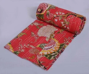 Indian Hand Block Floral Kantha Quilt,Blanket Cotton King Size Bedspread Throw - Picture 1 of 10