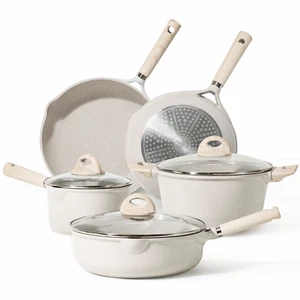 Antihaftbeschichtetes Töpfe und Pfannen Set, 8-teilig Induktion Küche Kochgeschirr Sets (Beige Granit - Bild 1 von 12