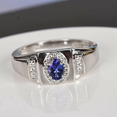 Tanzanite Naturale Pietra preziosa con 14K Oro Bianco Placcato Anello Argento - Immagine 1 di 4