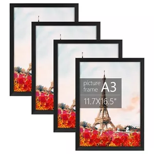 A3 Picture Frame Solid Wood Plexiglass Display 11.7x16.5 Picture Black 4 Pack - Picture 1 of 9