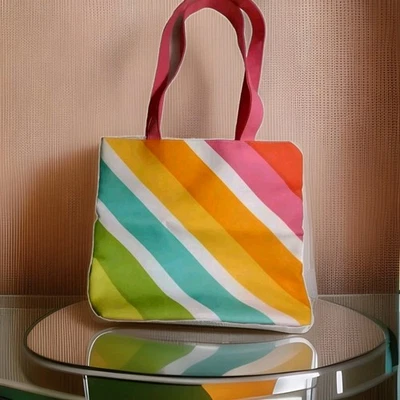 Vtg Summer Shopping Shoulder Travel Tote  Beach Bag Lined Large Striped 14x13" - Image 1 of 4