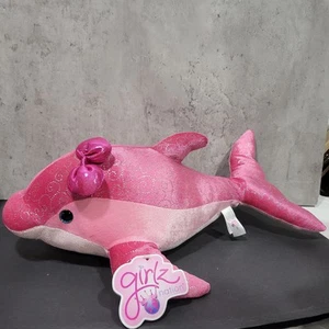 Sparkle Pink Dolphin Silver Sparkle Pink  Bow Plush Stuffed Dolphin 16" Length  - Picture 1 of 9
