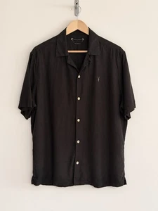 Camisa Allsaints “Canal” Manga Corta Ramskull Mezcla de Lino Negra Mediana/Relajada - Imagen 1 de 13