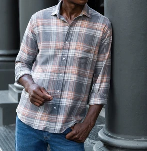 Men's PROPER CLOTH Satoyama Slate Salmon Plaid Japanese Flannel Shirt Small S - Picture 1 of 4