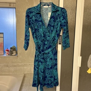 NWT New York & Co Blue Green Floral Collared Wrap Front Dress with Tie Sz XS - Picture 1 of 5