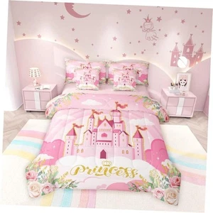 Girls Princess Comforter Set 7 Pieces Reversible,Cartoon Castle Queen Pink Gold - Picture 1 of 7