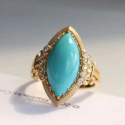 Anillo de compromiso de oro amarillo sólido de 14 quilates turquesa natural marquesa 5,0 quilates Foto 1 de 4