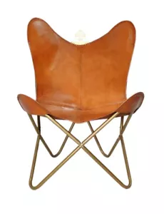 Vintage Marrón Cuero Auténtico Mariposa Silla Salón Habitación Dorado Metal Base - Imagen 1 de 9