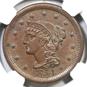 1854 N-20 R-3 NGC AU 55 Braided Hair Large Cent Coin 1c - Picture 1 of 5