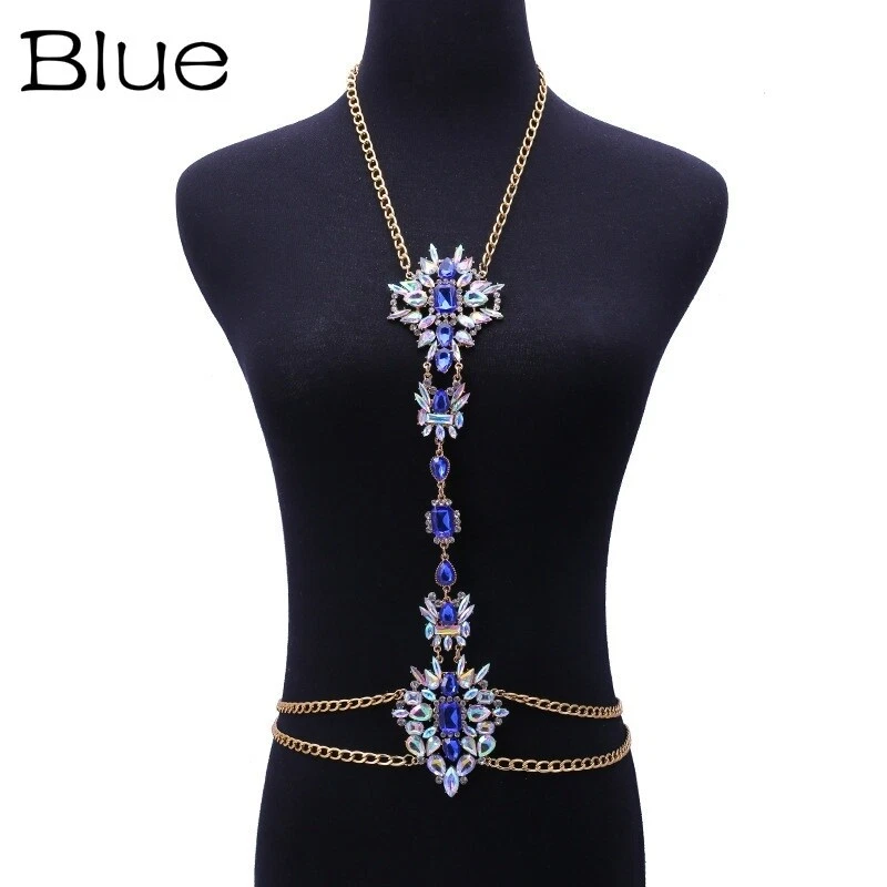 Women Lady Harness Belly Waist Body Chain Rhinestone Gem Bikini Necklace Jewelry - Image 1 of 4