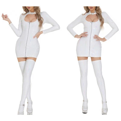 Women Sexy Wetlook Leather Mini Dress Long Sleeve Bodysuit with Stockings Set - Image 1 of 4