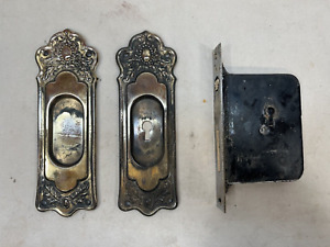 1800's Antique Single POCKET DOOR LOCKSET Complete VICTORIAN Style Brass ORNATE