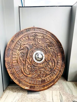 viking carved shield 30 inches handmade carved shield design wall decor - Image 1 of 4