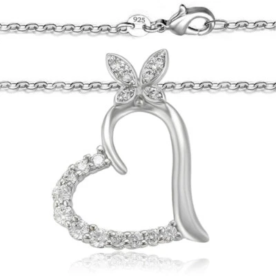Women's 925 Sterling Silver Gemstone Butterfly Heart Chain Pendant Necklace D953 - Image 1 of 4
