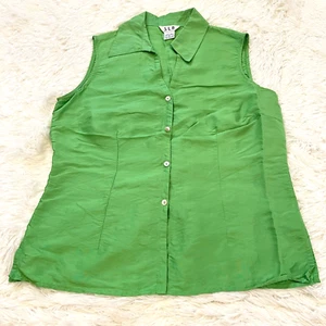 SLB Women Top Medium Green 100% Silk Button Up Retro Sleeveless Minimalist 14801 - Picture 1 of 6