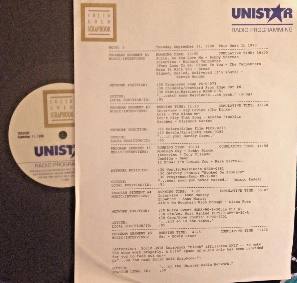 RADIO SHOW 9/11/90 THIS WK 70: CARPENTERS, BOBBY SHERMAN,ANNE MURRAY,DAWN,BREAD  - Image 1 of 1