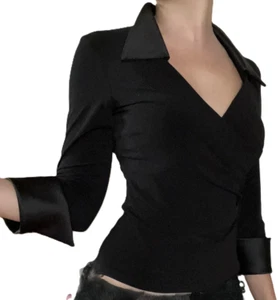 JS Collections Black Size 14 Blouse Plunge V- Neck wrap top Cool Piece! - Picture 1 of 5