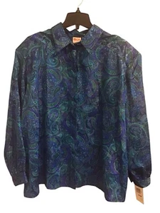 NEW Tan Jay Blue Green Paisley Button Down Women's Long Sleeve Plus 24W - Picture 1 of 6