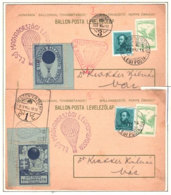 HUNGARY Air Mail *BALLOON POST* Cards{2} 1933 Vac DIFFERENT VIGNETTES MAL722 - Image 1 of 4