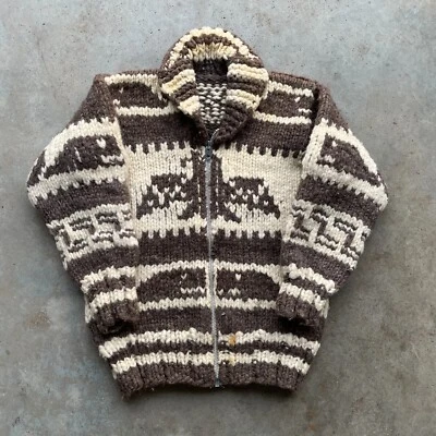 Vtg 60's Cowichan "Thunderbird" Chunky Knit Wool Cardigan Full Zip Size: Small - Image 1 of 4
