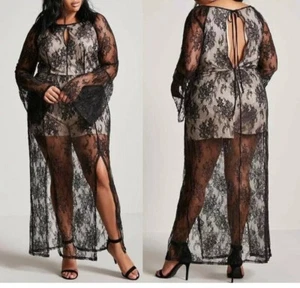 NWT Forever 21 Plus 3x Black Lace Dress Maxi Long Sheer Shorts lined Bell sleeve - Picture 1 of 17