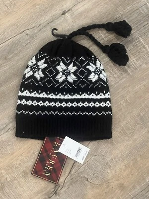Nuevo con etiquetas Ralph Lauren Mezcla de Lana Tejido Sombrero Negro Nórdico Patrón de Copo de Nieve Gorro Blanco Foto 1 de 4