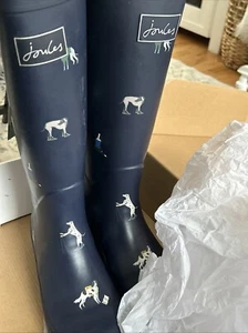 JOULES Molly Welly Pull-On Tall Rain Boots Navy Dog Print Women’s Size US 6 NIB - Picture 1 of 8