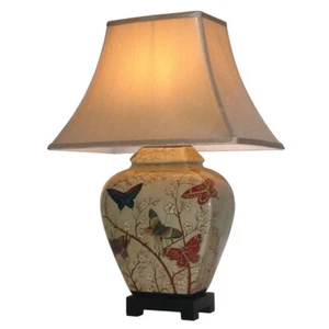 Ceramic Table Buffet Lamp Dk Cream Chinese Mandarin Oriental Butterfly Blossom - Picture 1 of 2