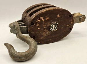 Vtg Boston Lockport Wood and Cast Steel Double Pulley Block Tackle and Hook - Picture 1 of 18