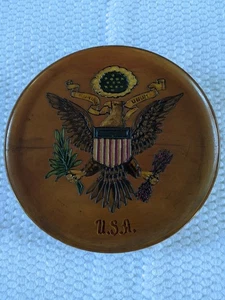 Vintage United States E PLURIBUS UNUM Eagle Seal USA Crest Round Wooden Plaque - Picture 1 of 6