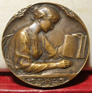 1920s 41mm French Art Deco Medal by Lenoir Woman at study School award Instructi - Picture 1 of 3