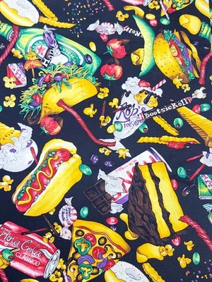 OOP Nicole de Leon Heartburn City Junk Food Sweets Black Fabric 42.5" X 106" - Image 1 of 2