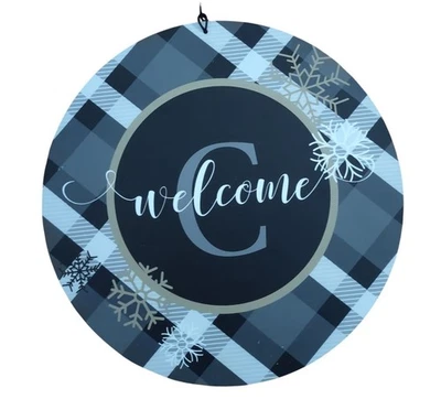 Letrero de pared colgante (C inicial) Welcome Snow 13" redondo gris negro a cuadros Foto 1 de 4
