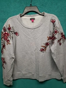 Vince Camuto XL Gray Sweatshirt Pink Floral Appliqued Pullover Long Sleeve - Picture 1 of 8