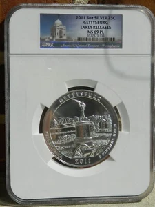 2011 5 OZ Gettysburg argento 25C NGC MS69 PL prime uscite America The Beautiful - Foto 1 di 4