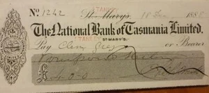 Antique Cheque The National Bank Of Tasmania Stanley Crossed Out St Marys 1888 - Picture 1 of 1