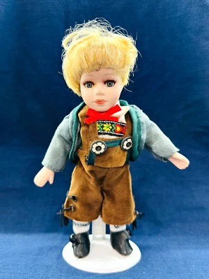 Vtg 9" Boy Doll Stand Porcelain German Traditional Dress Blonde Hair Decoration - Image 1 of 4