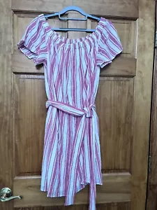 Michael Kors Stripe Off Shoulder Belted Short Sleeve Dress Tangerine/White XL - Picture 1 of 9