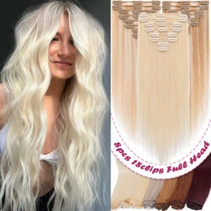 Extensiones de cabello humano ruso real clip en cabello Remy cabeza completa medio corto largo - Imagen 1 de 45